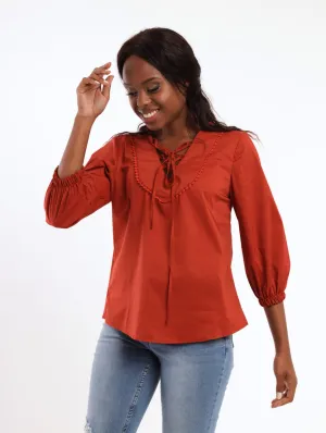 Ladies Tie Peasant Pullover Blouse - Rust