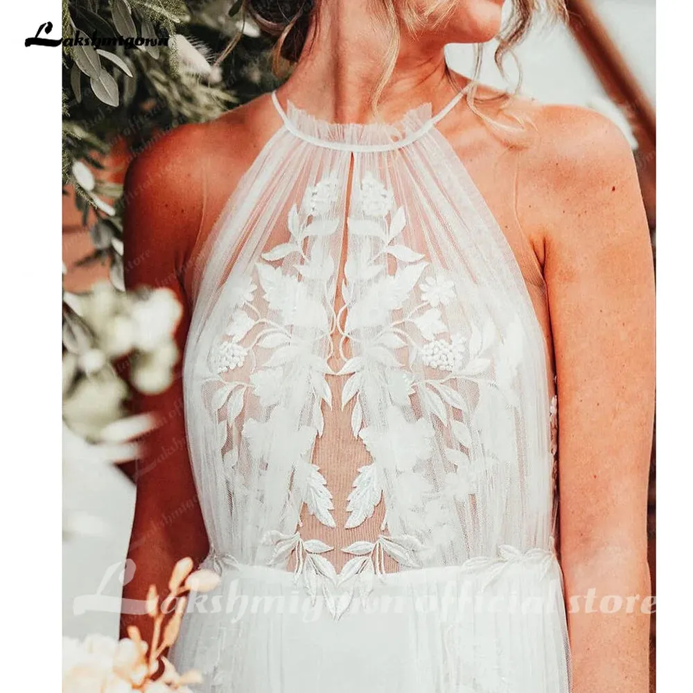 Lakshmigown Beach A Line Wedding Dress Halter Lace Appliques Backless Bridal Gown Beach Bridal Gown trouwjurk Robe de mariee