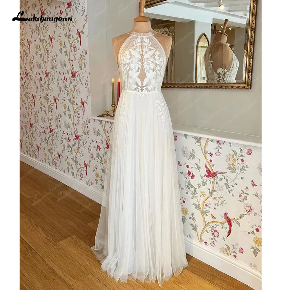 Lakshmigown Beach A Line Wedding Dress Halter Lace Appliques Backless Bridal Gown Beach Bridal Gown trouwjurk Robe de mariee