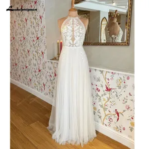 Lakshmigown Beach A Line Wedding Dress Halter Lace Appliques Backless Bridal Gown Beach Bridal Gown trouwjurk Robe de mariee