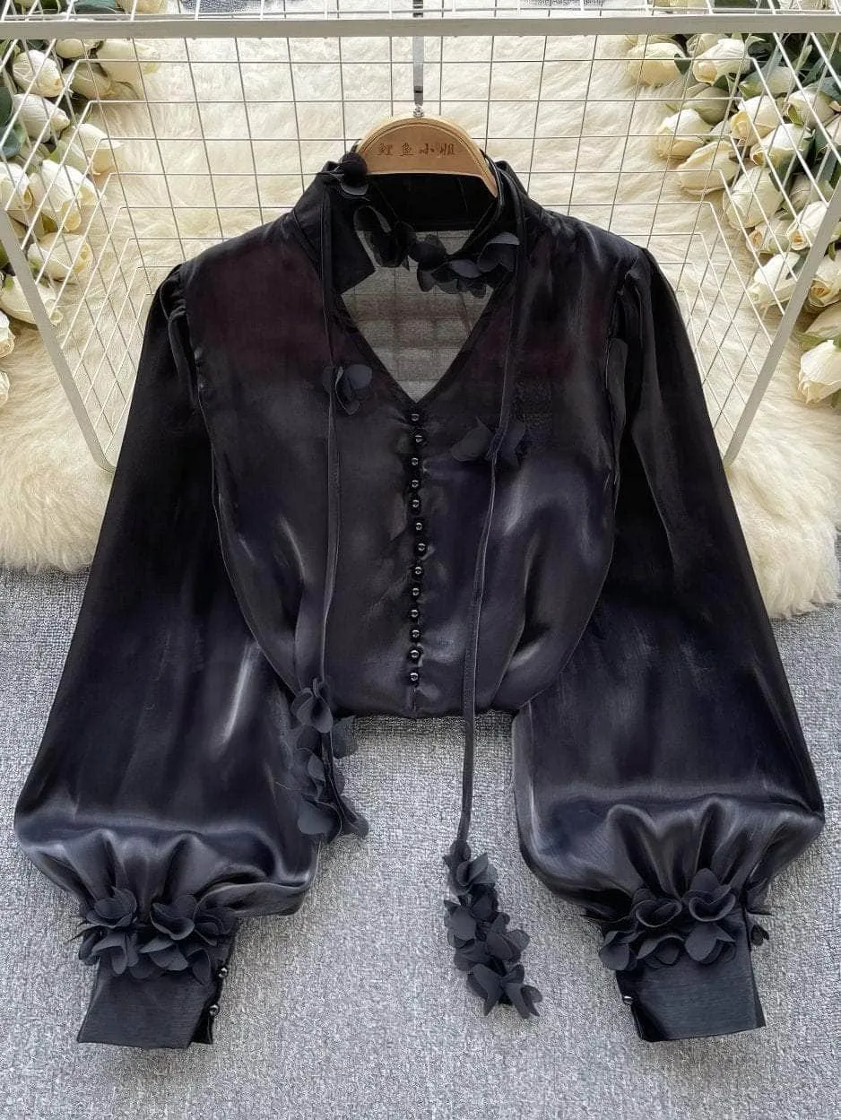 Lantern Sleeves Floral Deco Button Down Mesh Blouse