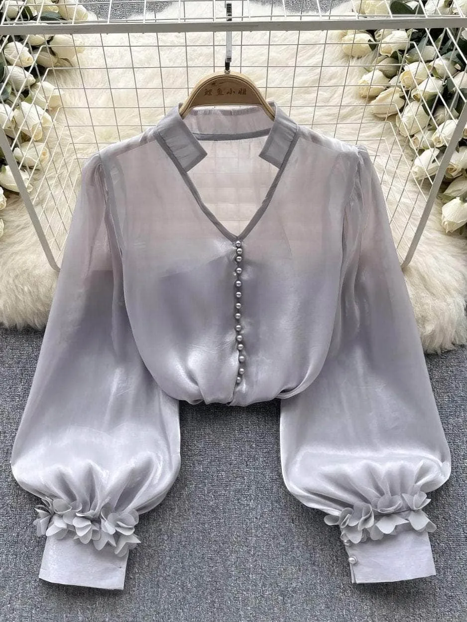 Lantern Sleeves Floral Deco Button Down Mesh Blouse