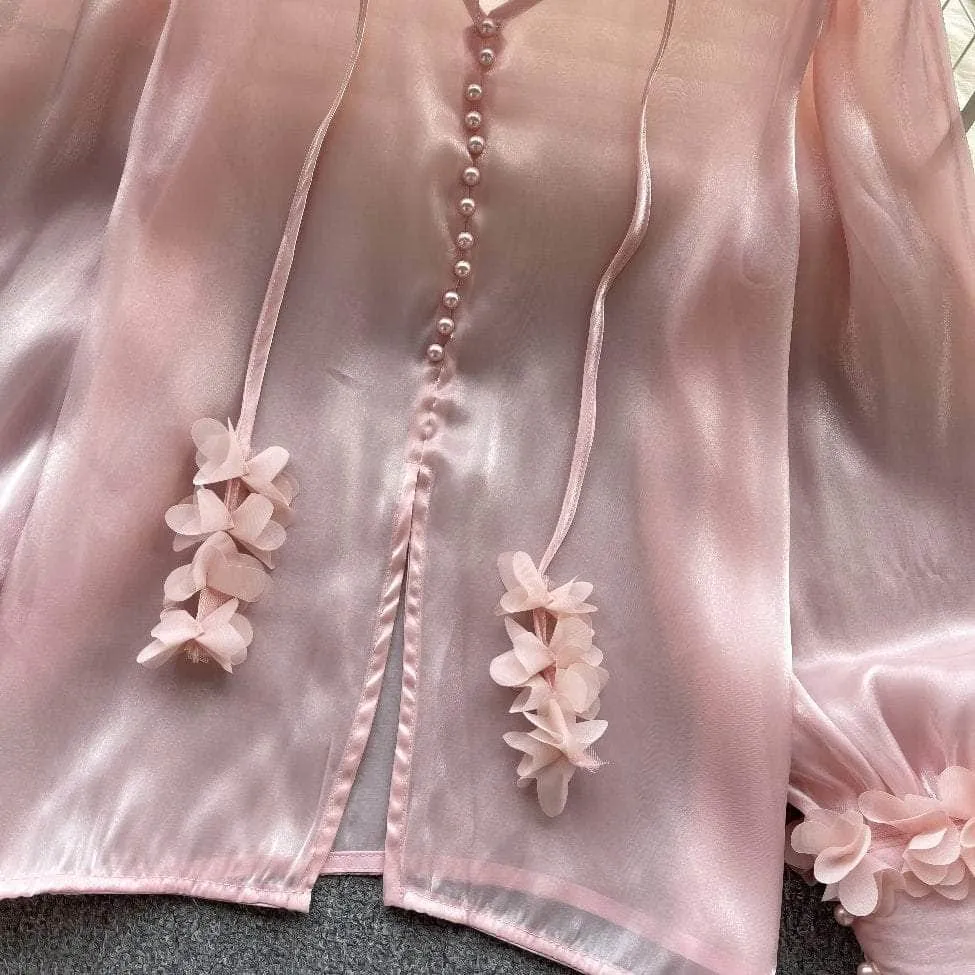 Lantern Sleeves Floral Deco Button Down Mesh Blouse