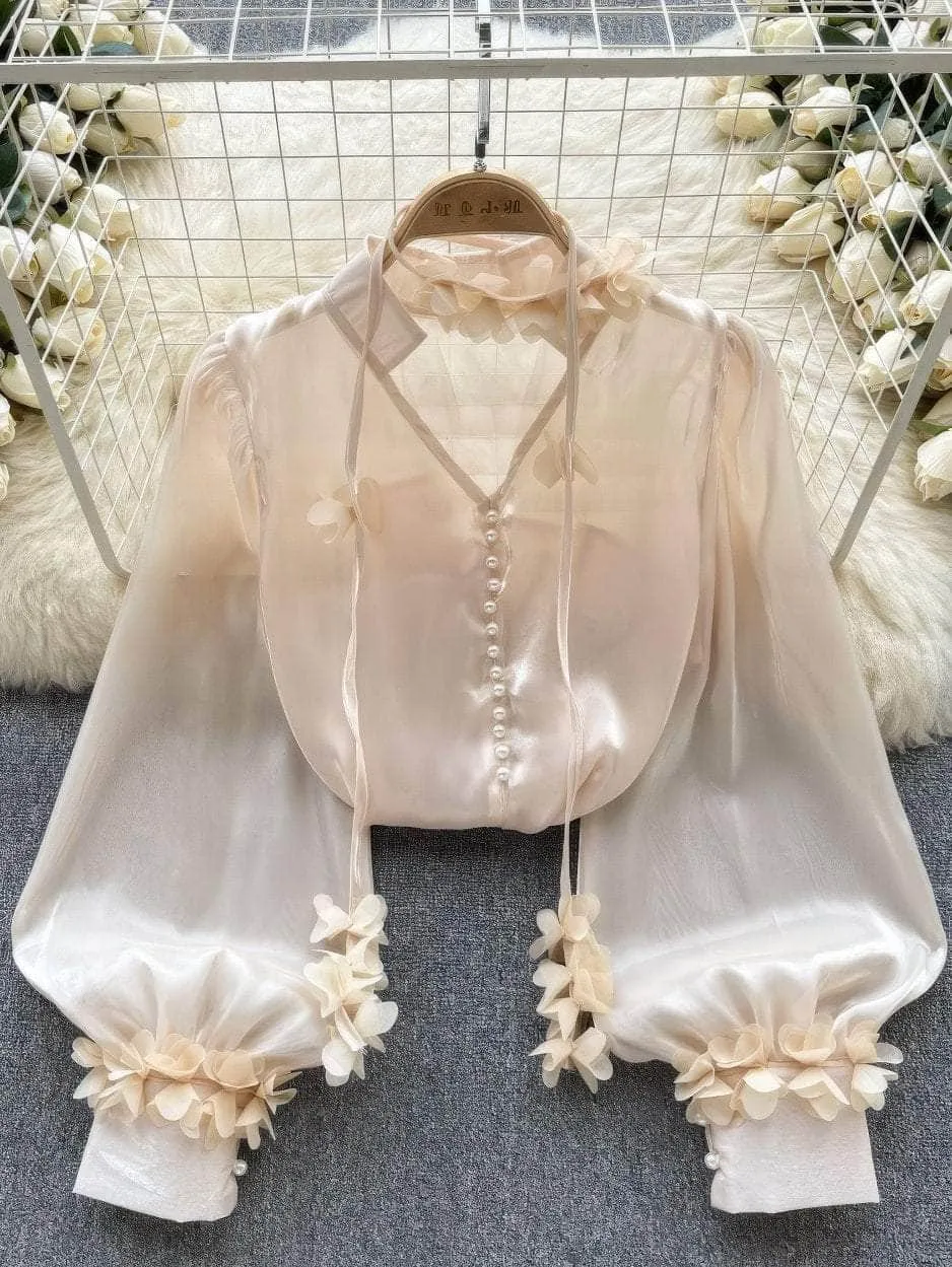 Lantern Sleeves Floral Deco Button Down Mesh Blouse