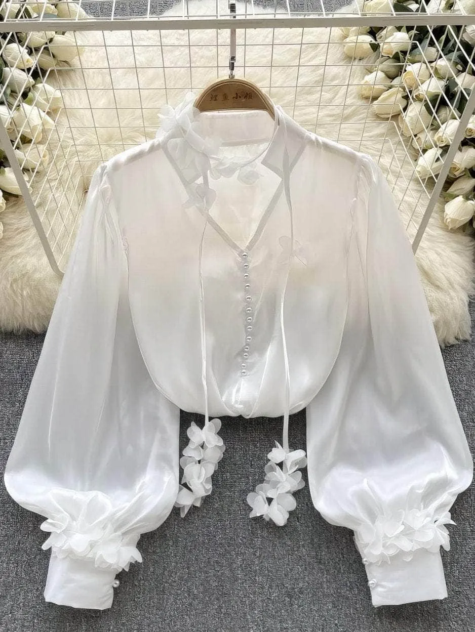Lantern Sleeves Floral Deco Button Down Mesh Blouse