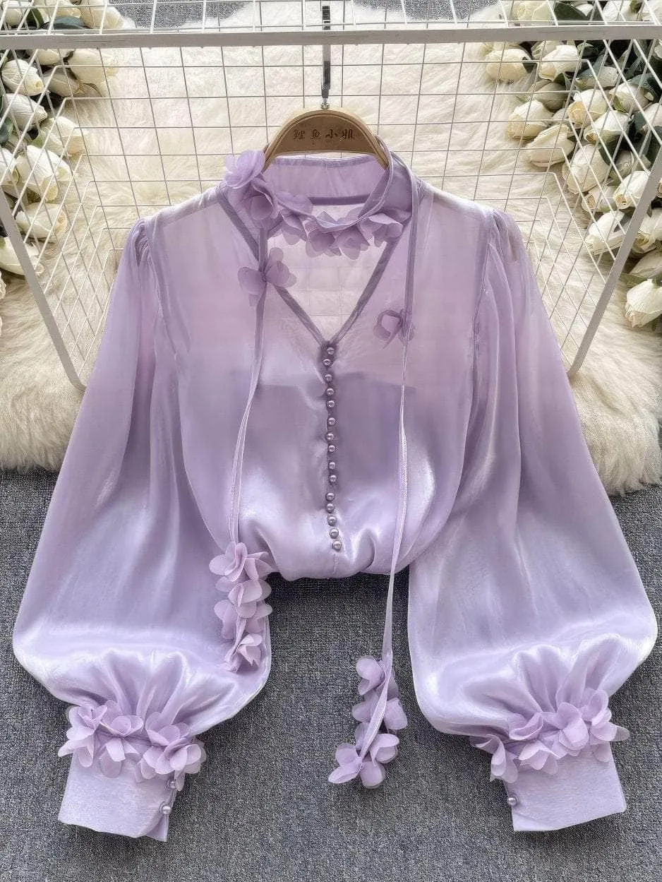 Lantern Sleeves Floral Deco Button Down Mesh Blouse
