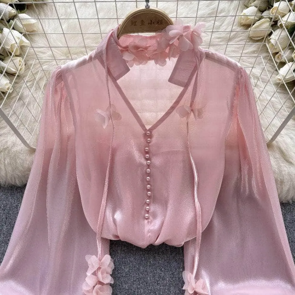 Lantern Sleeves Floral Deco Button Down Mesh Blouse