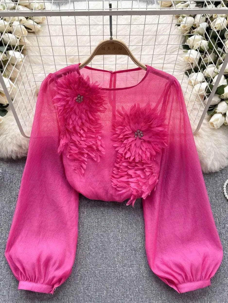 Lantern Sleeves Floral Decor Rhinestone Shirt