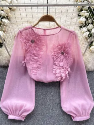 Lantern Sleeves Floral Decor Rhinestone Shirt