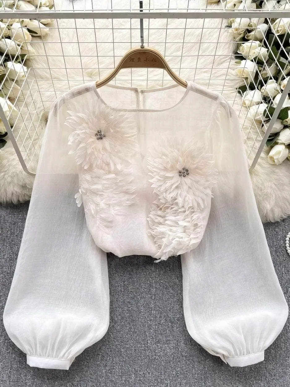Lantern Sleeves Floral Decor Rhinestone Shirt