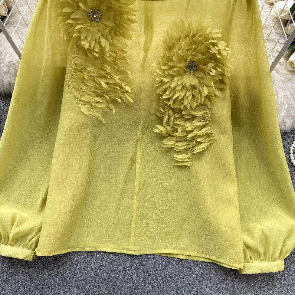 Lantern Sleeves Floral Decor Rhinestone Shirt