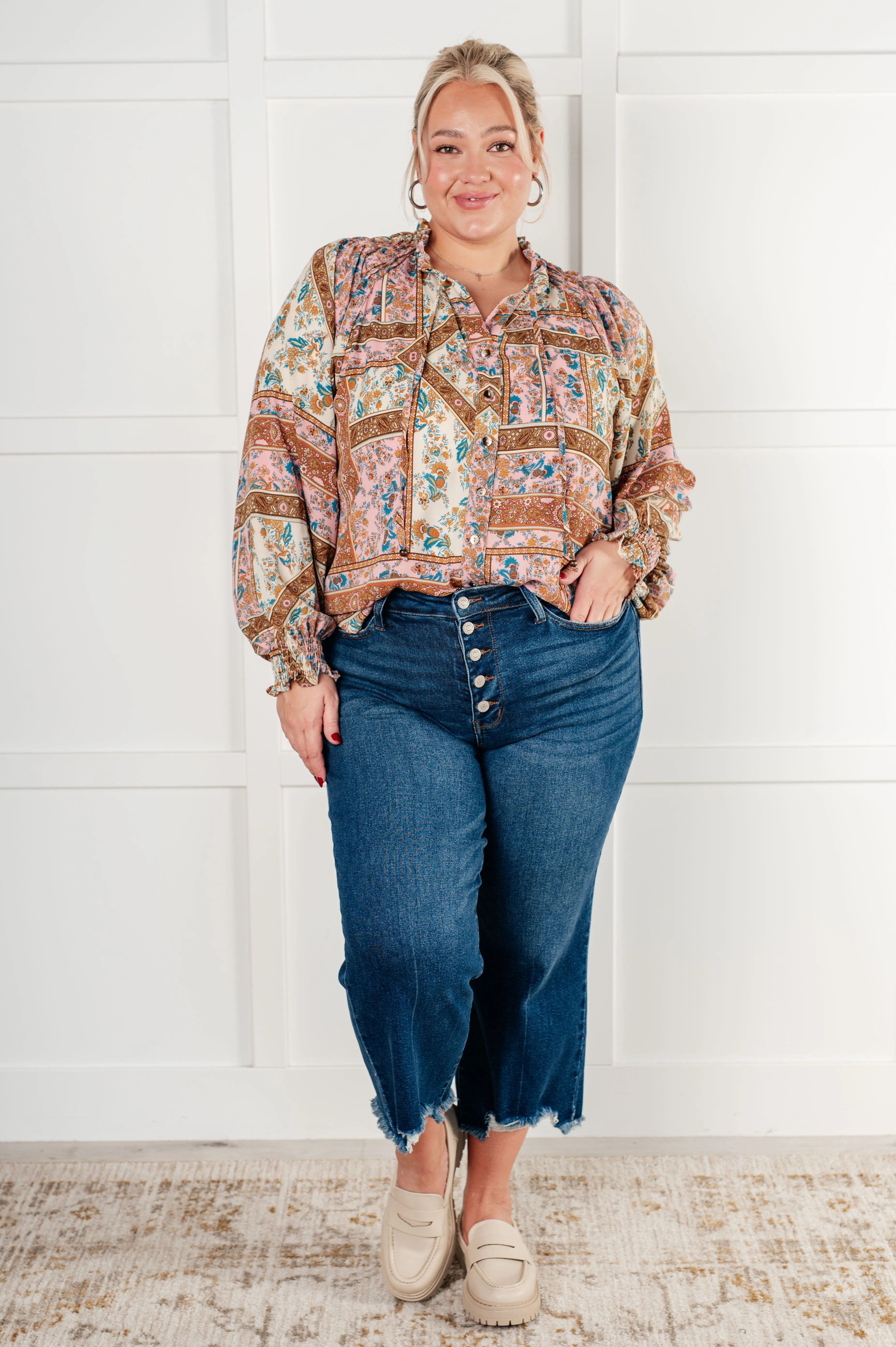 Leigha Mixed Print Peasant Blouse – V-Neck with Balloon Sleeves