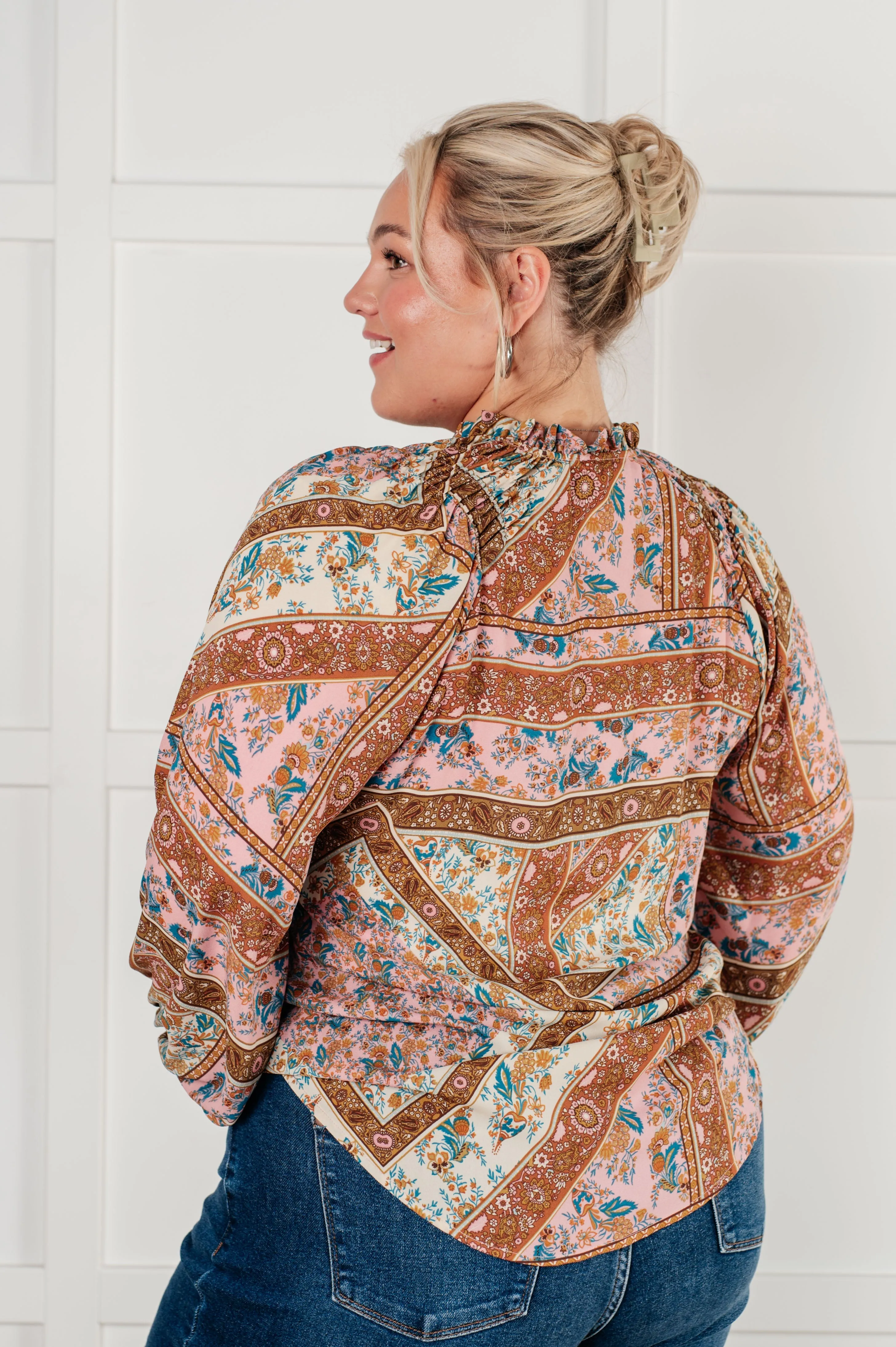 Leigha Mixed Print Peasant Blouse – V-Neck with Balloon Sleeves