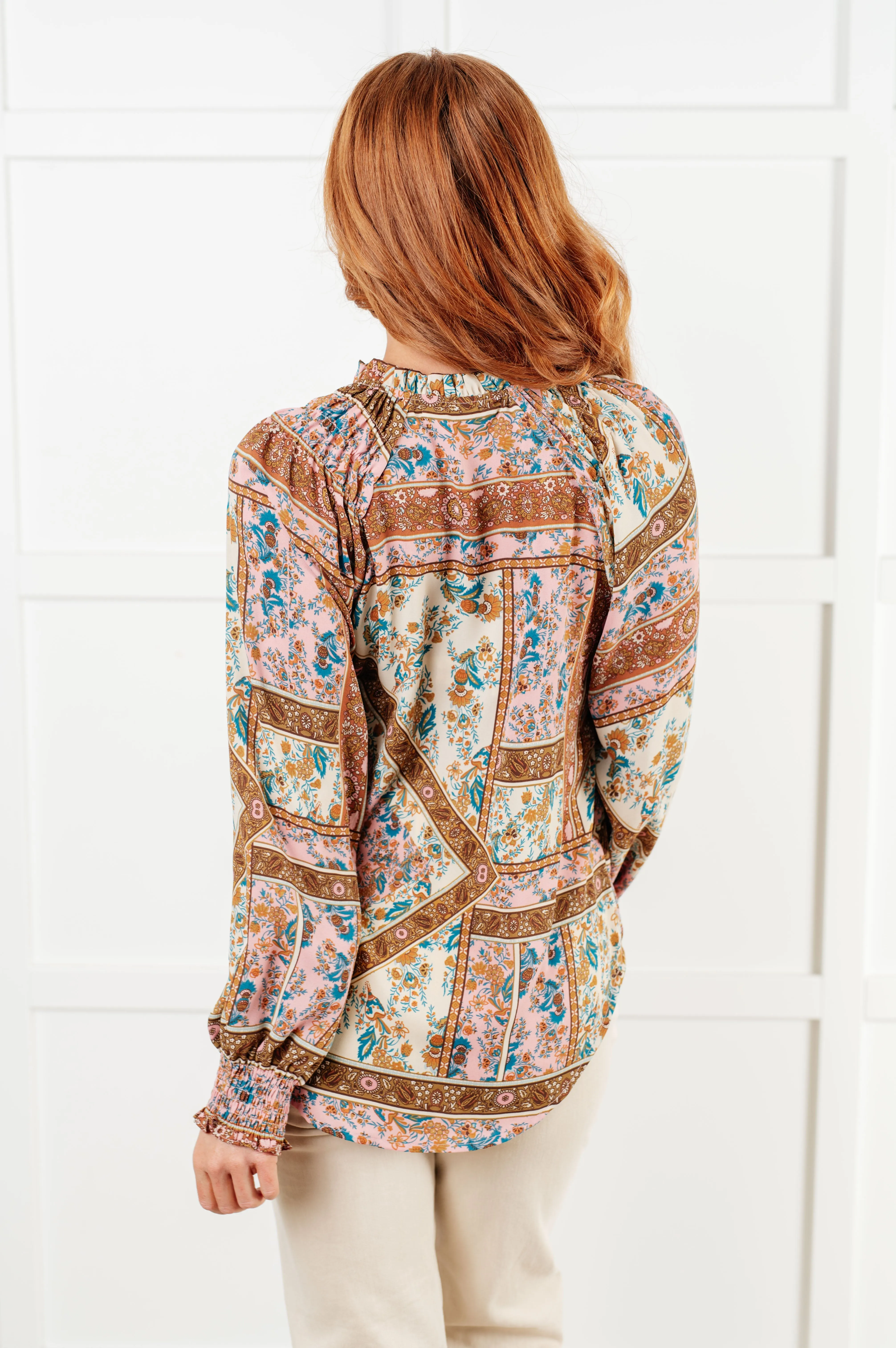 Leigha Mixed Print Peasant Blouse – V-Neck with Balloon Sleeves