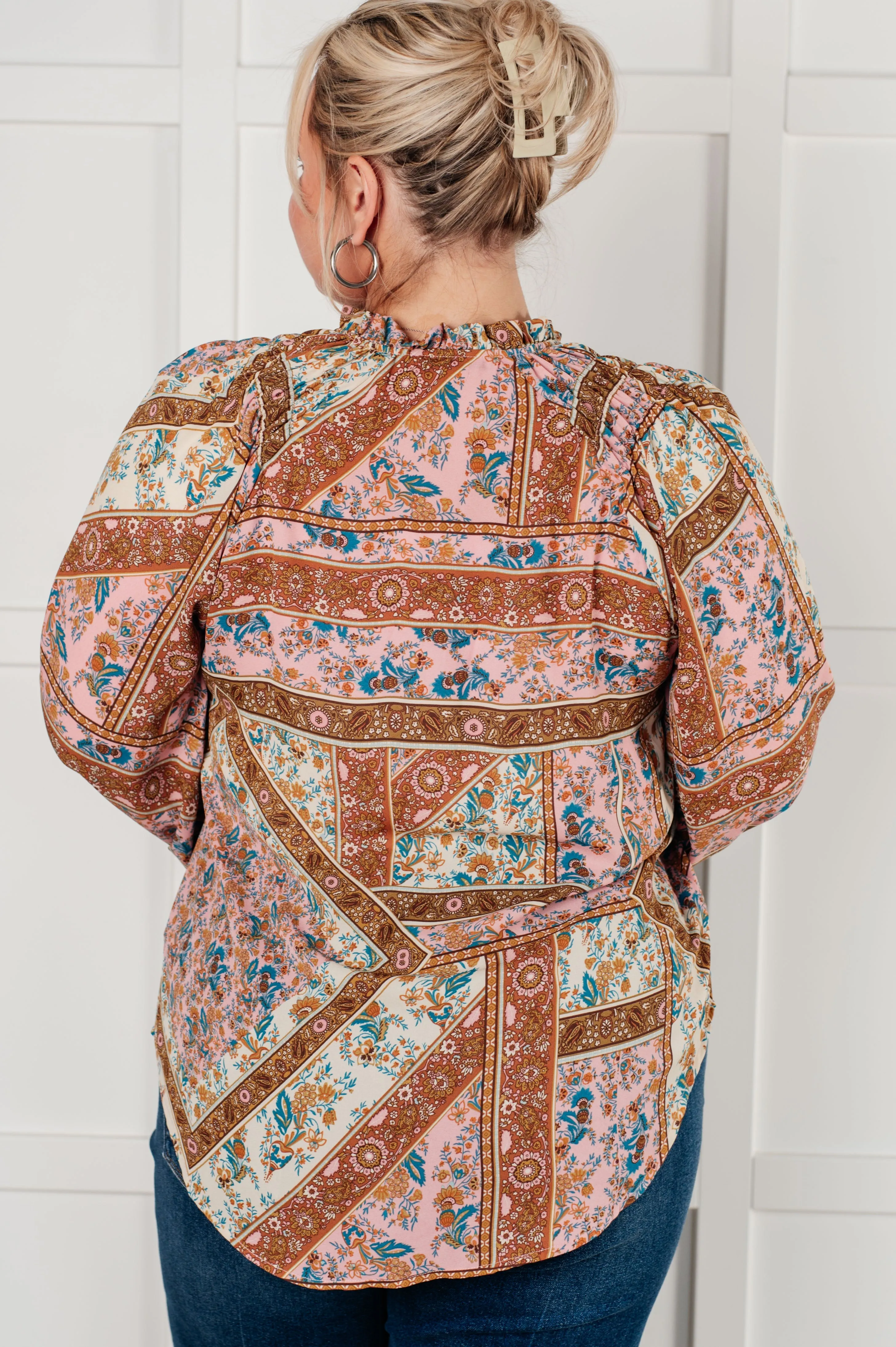 Leigha Mixed Print Peasant Blouse – V-Neck with Balloon Sleeves