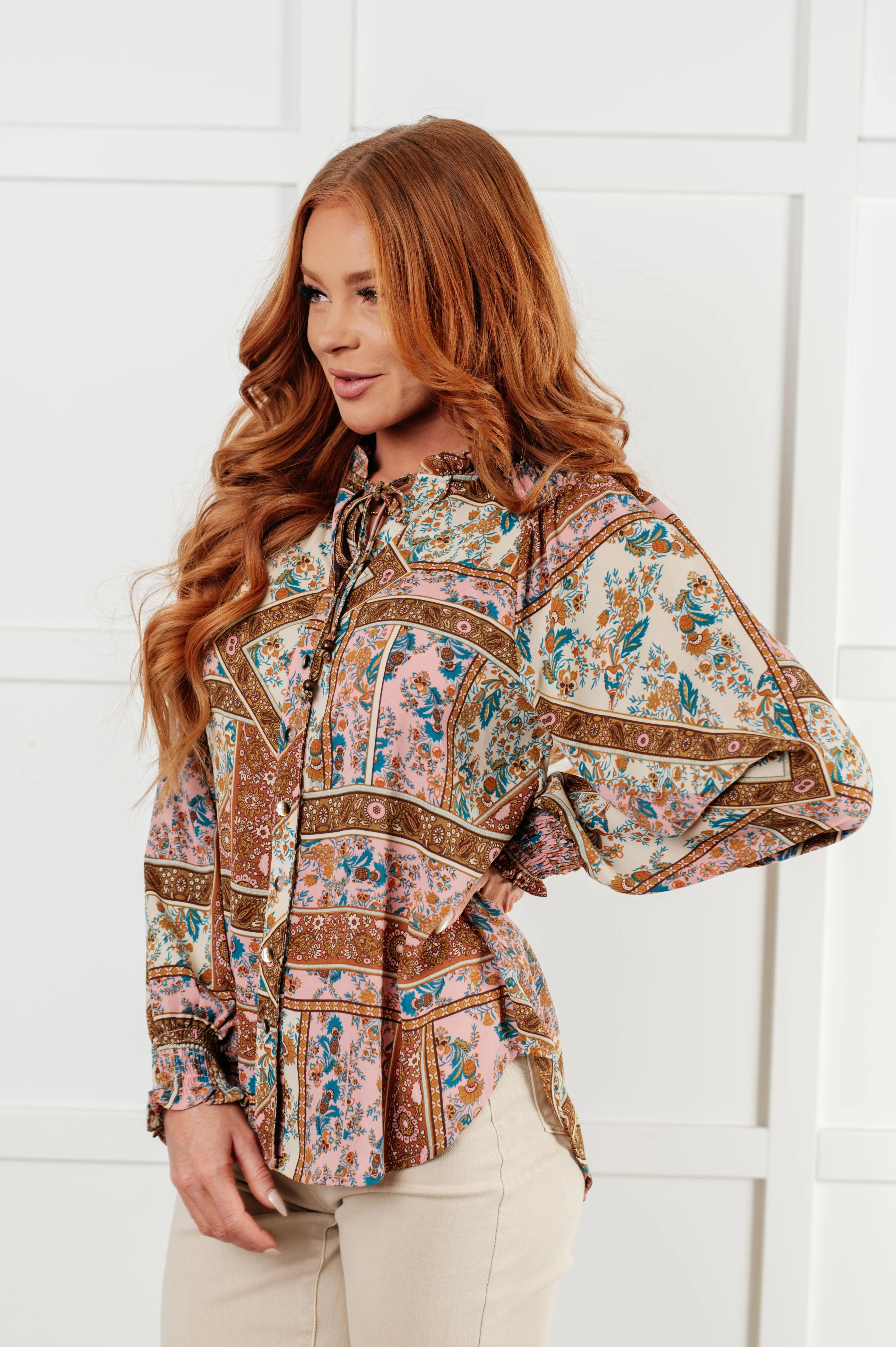 Leigha Mixed Print Peasant Blouse – V-Neck with Balloon Sleeves