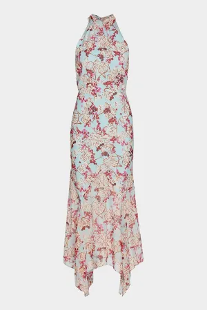 Lila Floral Silk Halter Midi Dress in Mulberry Day