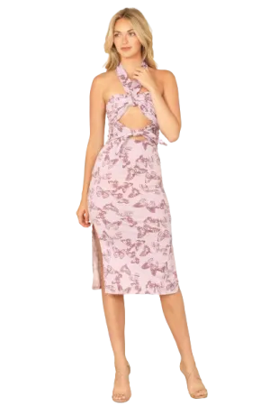 Lilac Halter Front Cut Out Detail Butterfly Print Dress -  Pack of 6