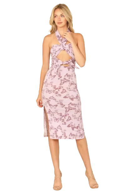 Lilac Halter Front Cut Out Detail Butterfly Print Dress -  Pack of 6