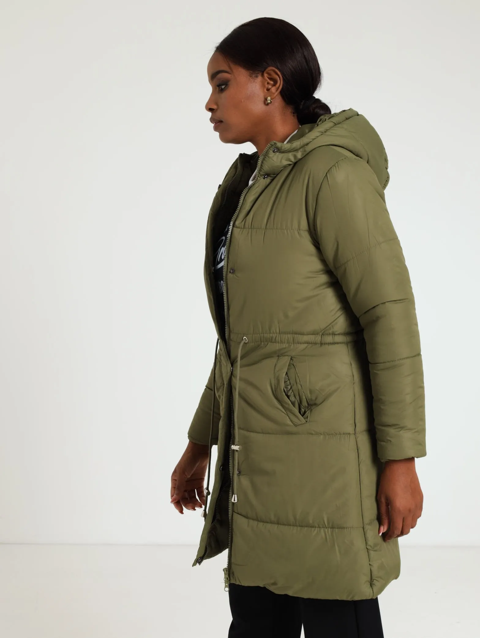 Long Sleeve Extra Length Puffer Jacket - Fatigue