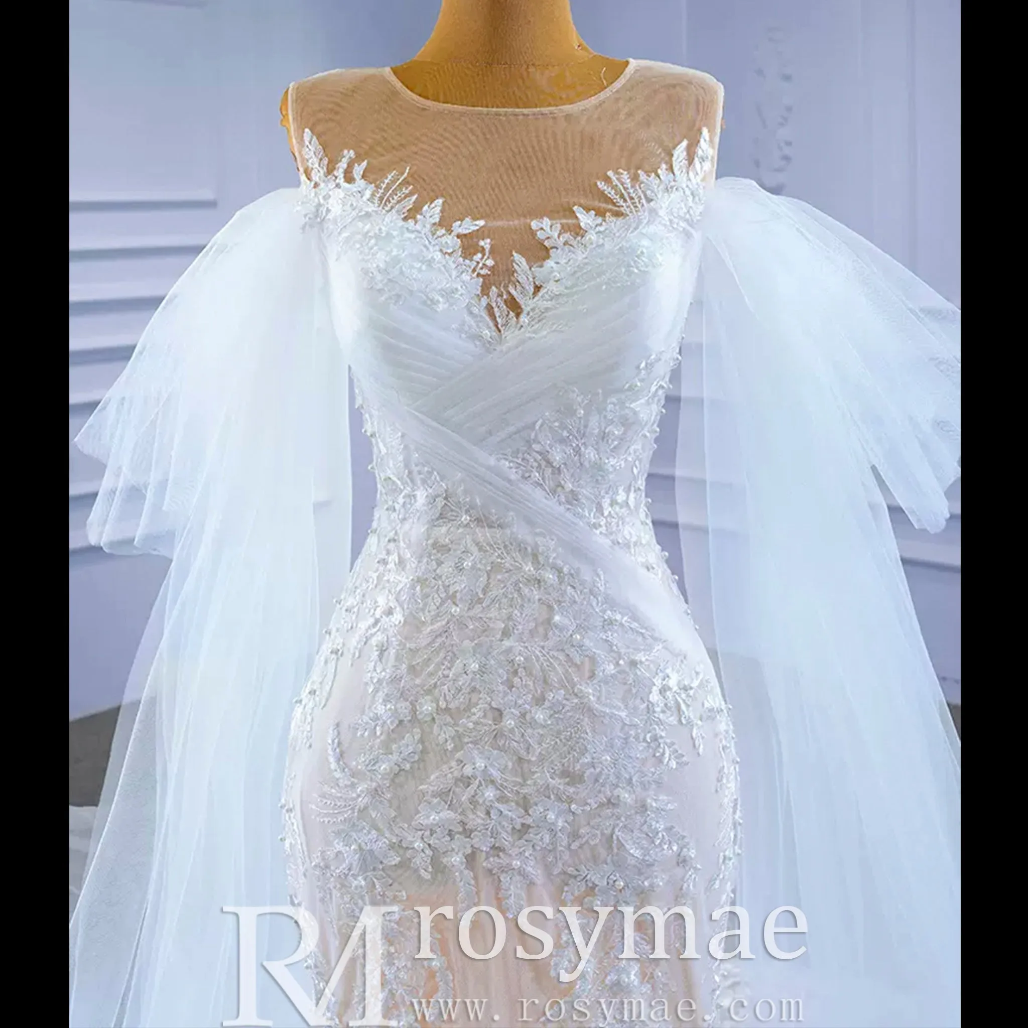 Long Sleeve Mermaid Lace Wedding Dress with Champagne Underlay