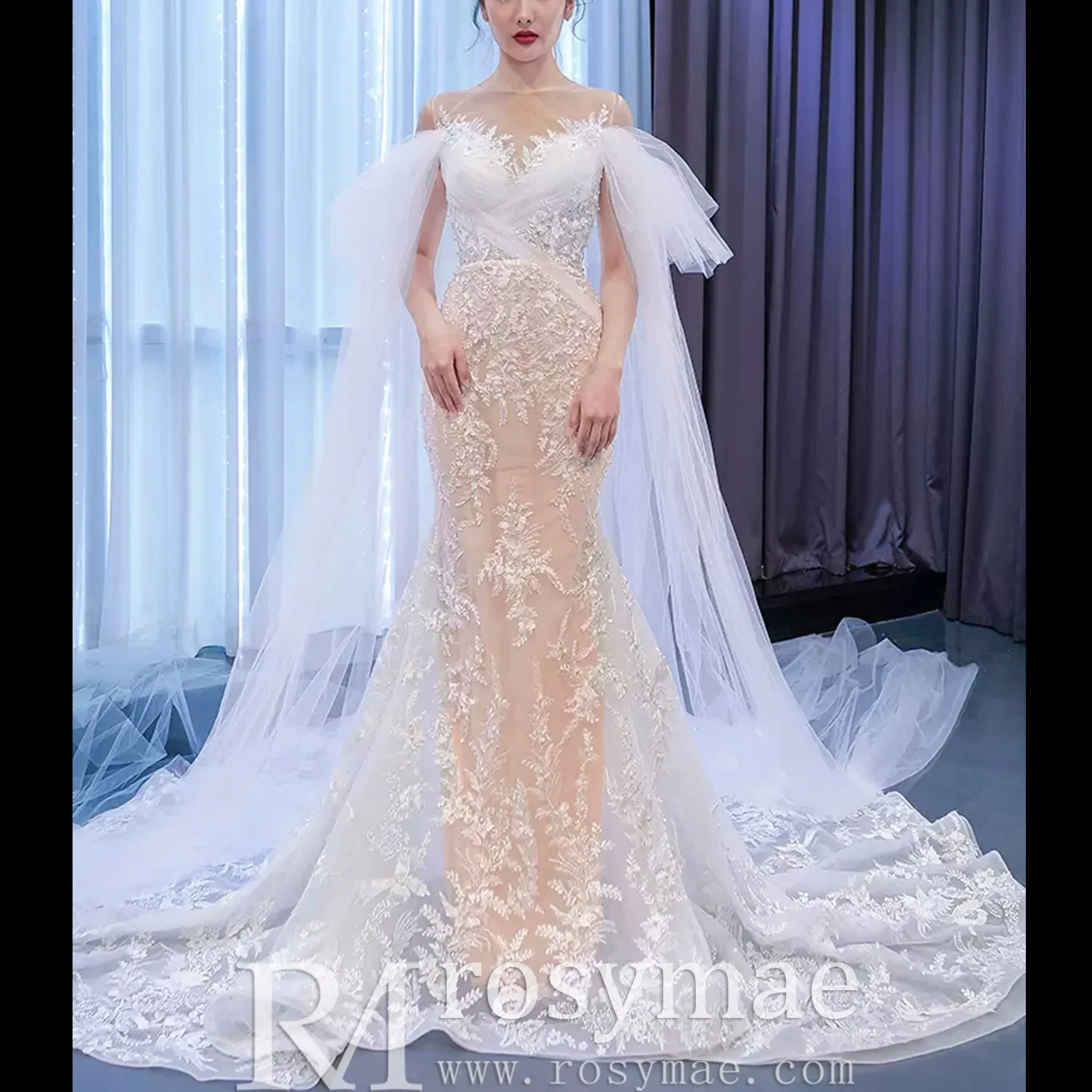 Long Sleeve Mermaid Lace Wedding Dress with Champagne Underlay