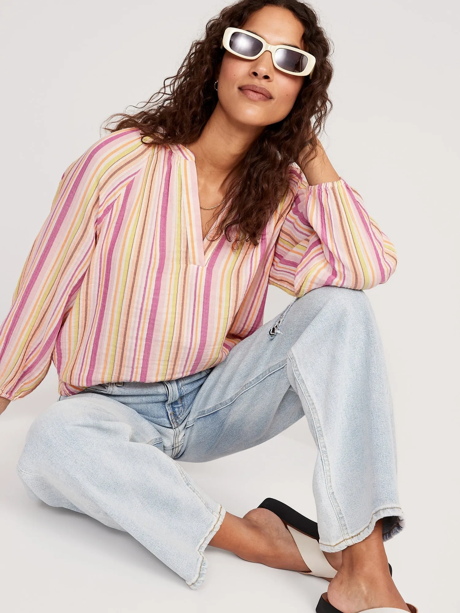 Long-Sleeve Striped Split-Neck Top for Women