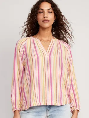 Long-Sleeve Striped Split-Neck Top for Women