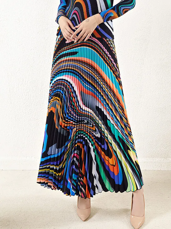 Long Sleeves Contrast Color Pleated Mock Neck T-Shirt Top   Printed A-Line Skirts Bottom Two Pieces Set