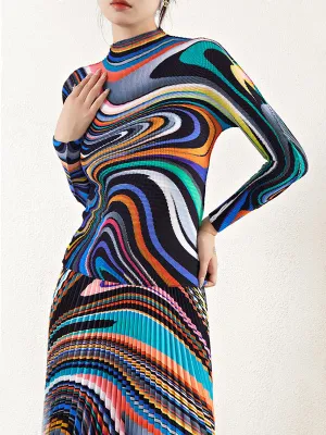 Long Sleeves Contrast Color Pleated Mock Neck T-Shirt Top   Printed A-Line Skirts Bottom Two Pieces Set