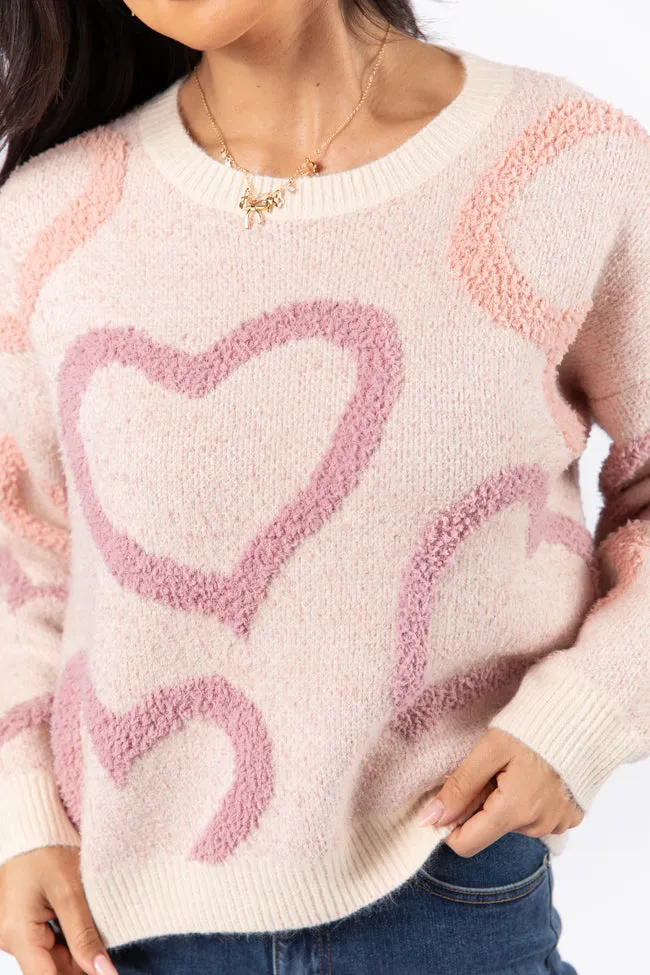 Love Again Mauve Multi Fuzzy Heart Sweater FINAL SALE