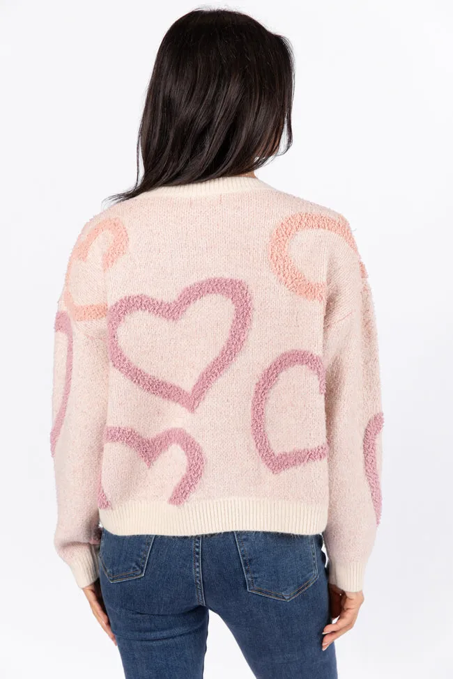 Love Again Mauve Multi Fuzzy Heart Sweater FINAL SALE