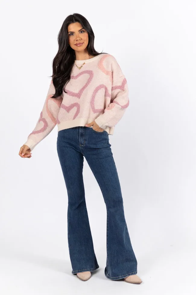 Love Again Mauve Multi Fuzzy Heart Sweater FINAL SALE