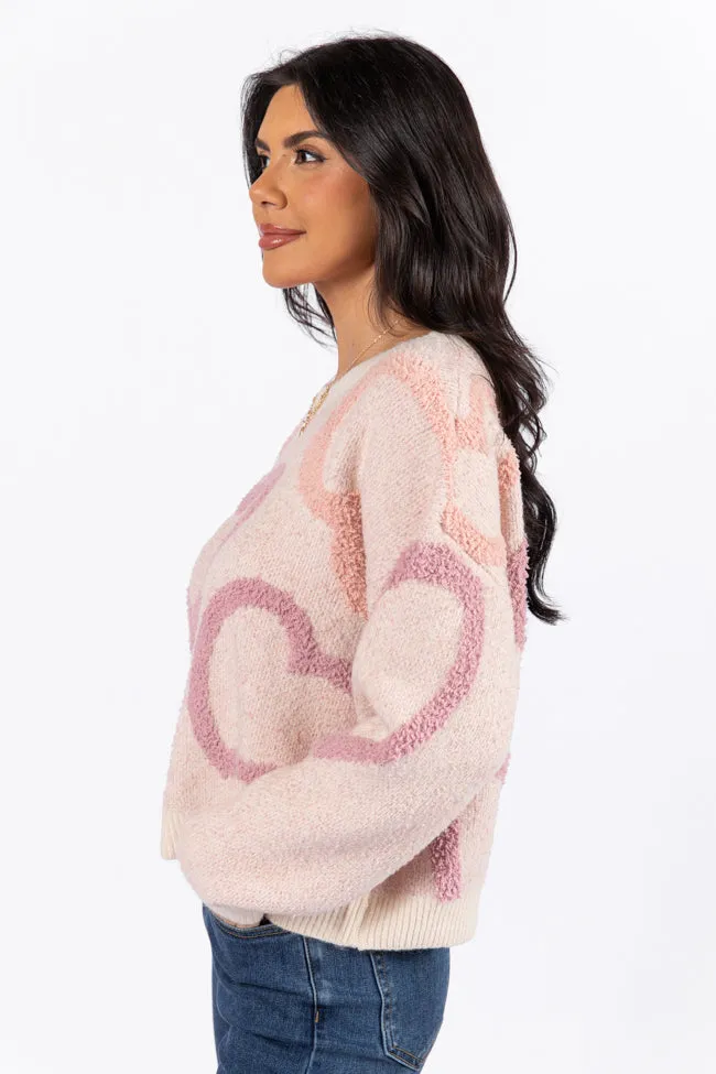 Love Again Mauve Multi Fuzzy Heart Sweater FINAL SALE