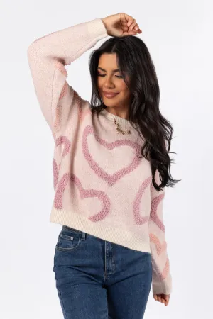 Love Again Mauve Multi Fuzzy Heart Sweater FINAL SALE