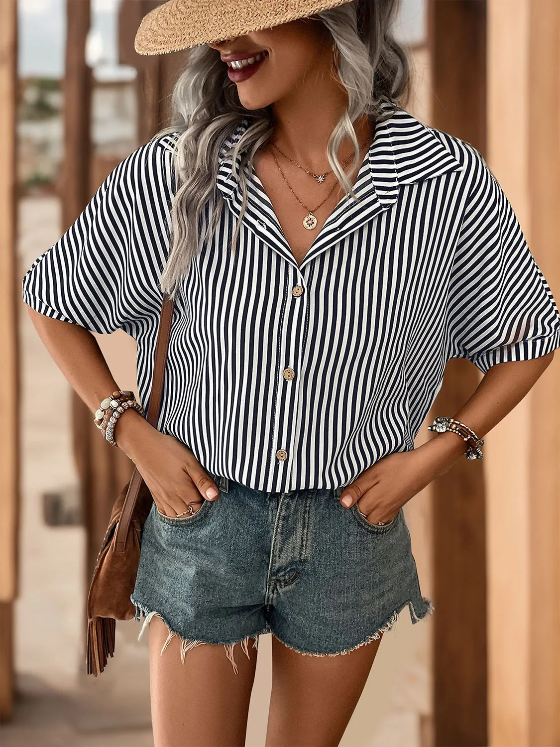 Lucia Striped Collared Neck Half Sleeve Shirt