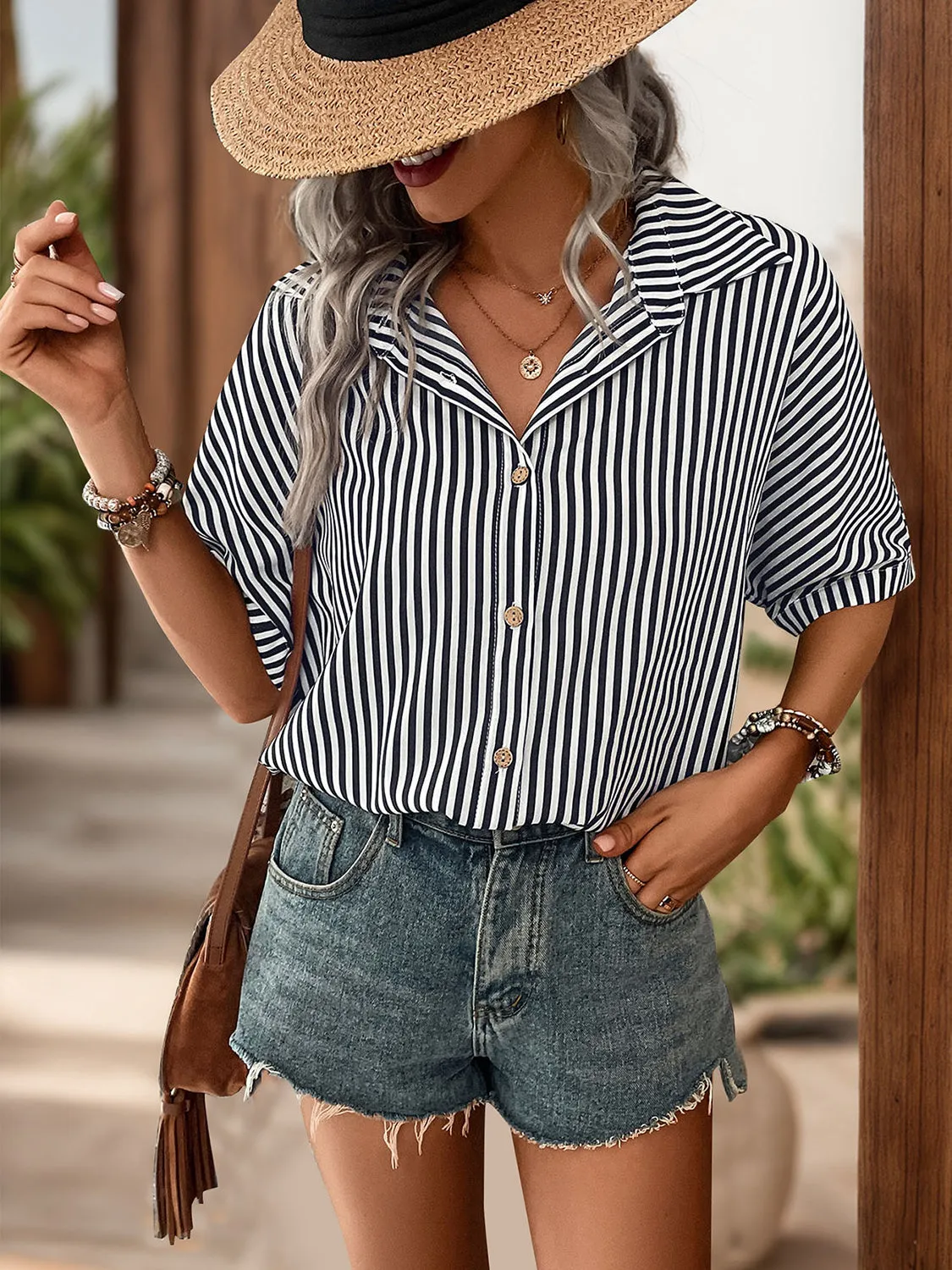 Lucia Striped Collared Neck Half Sleeve Shirt