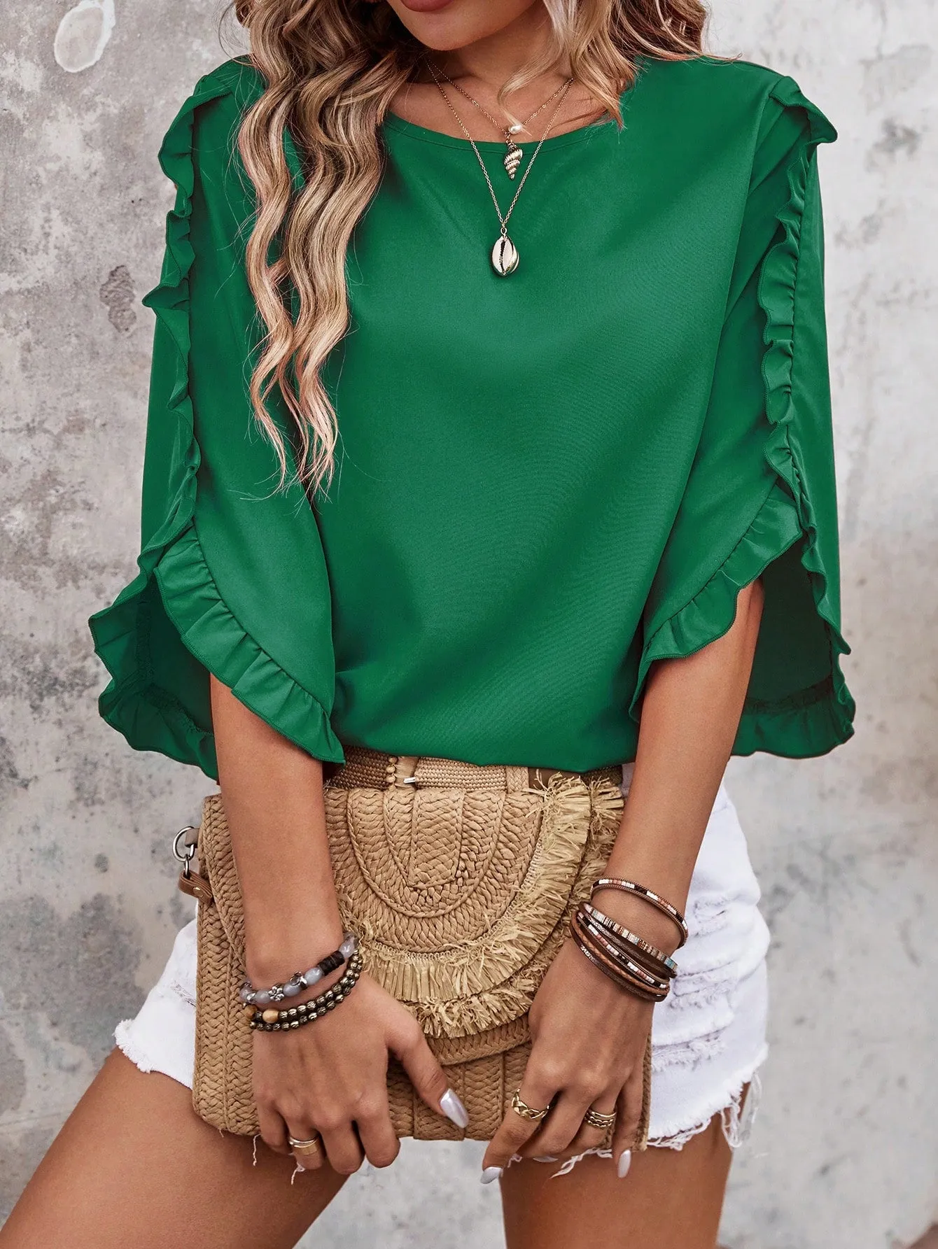 LUNE Casual Solid Color Round Neckline Ruffle Trimmed Decorative Blouse