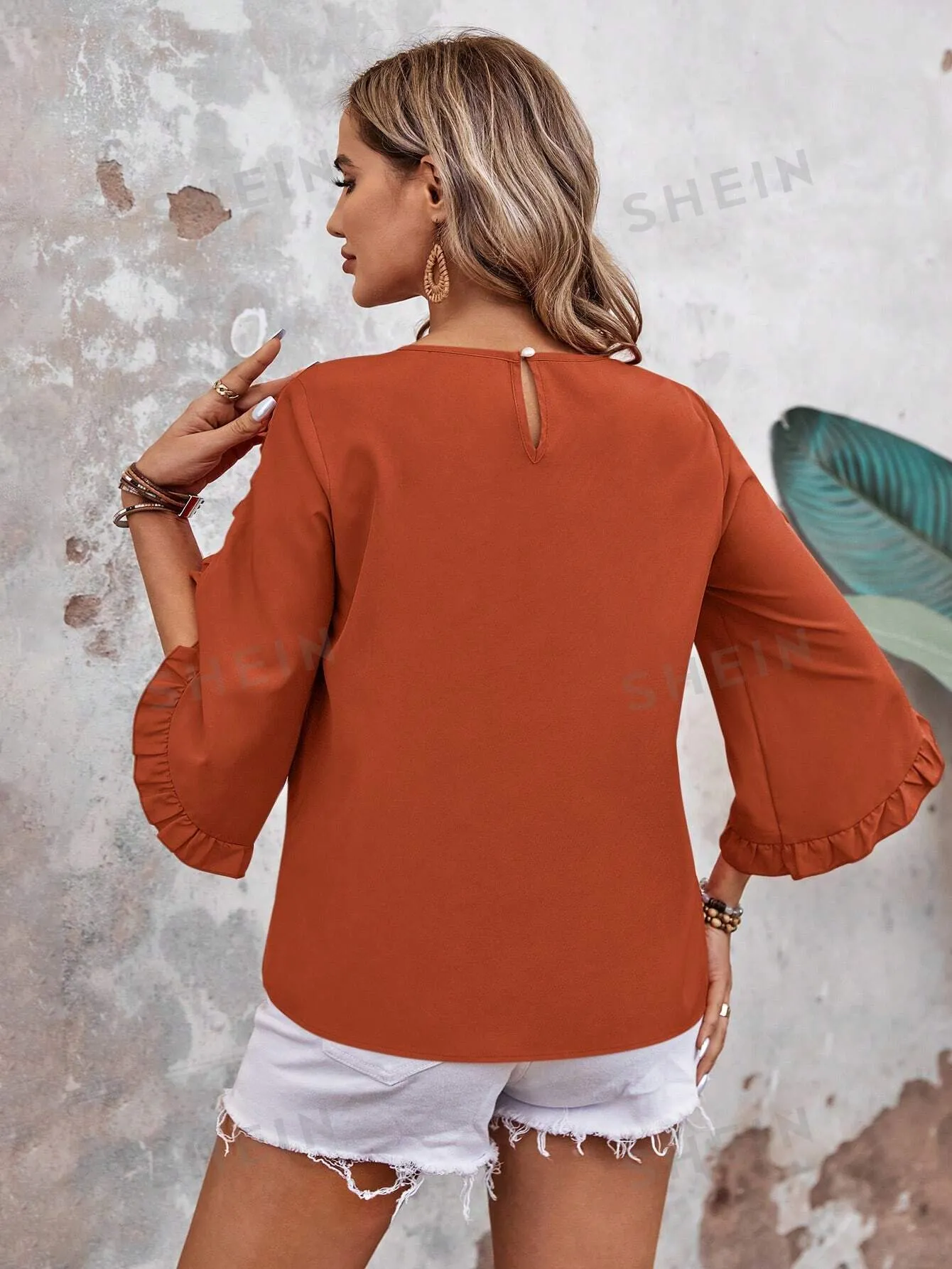 LUNE Casual Solid Color Round Neckline Ruffle Trimmed Decorative Blouse