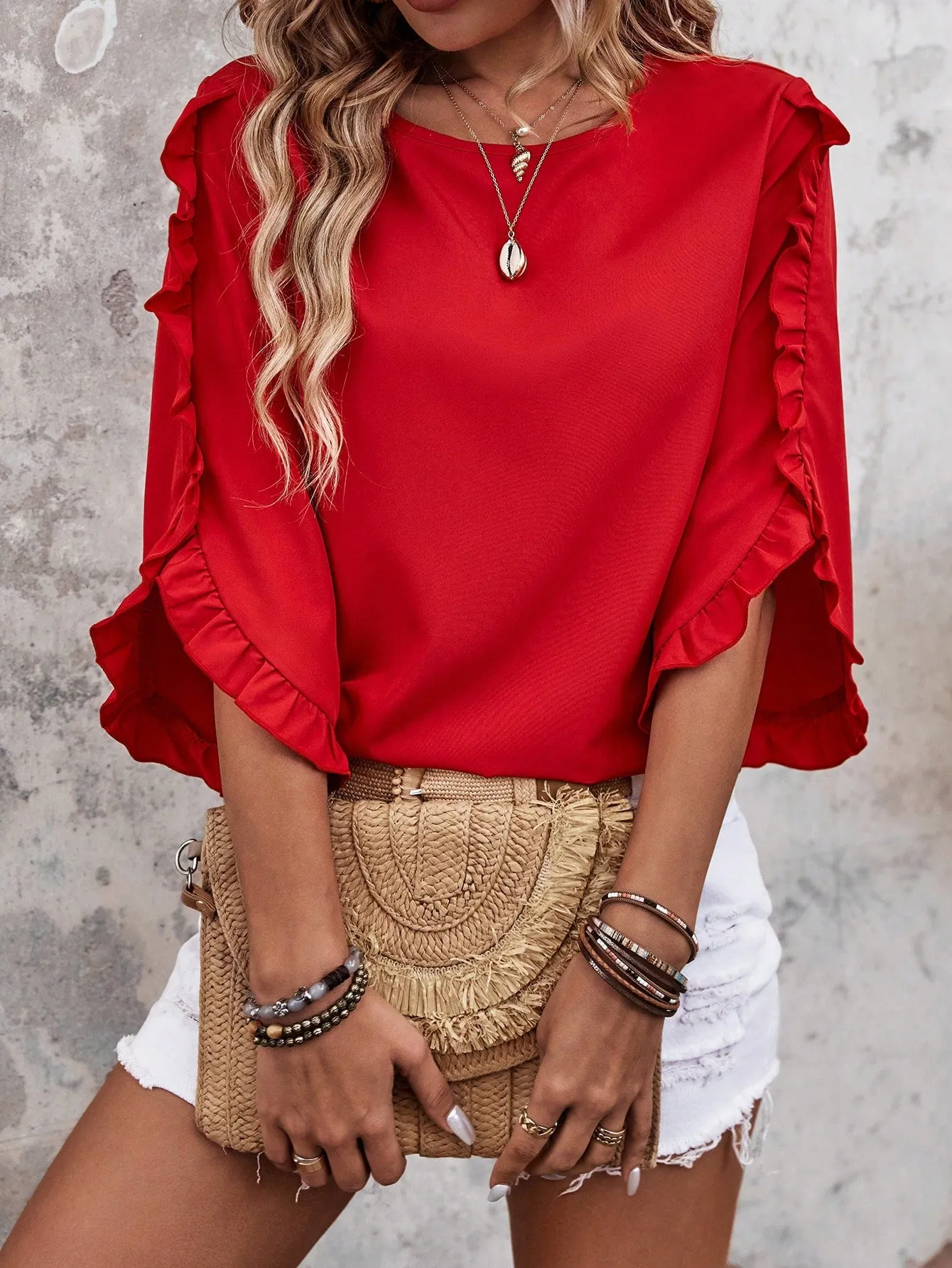 LUNE Casual Solid Color Round Neckline Ruffle Trimmed Decorative Blouse