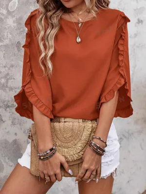 LUNE Casual Solid Color Round Neckline Ruffle Trimmed Decorative Blouse