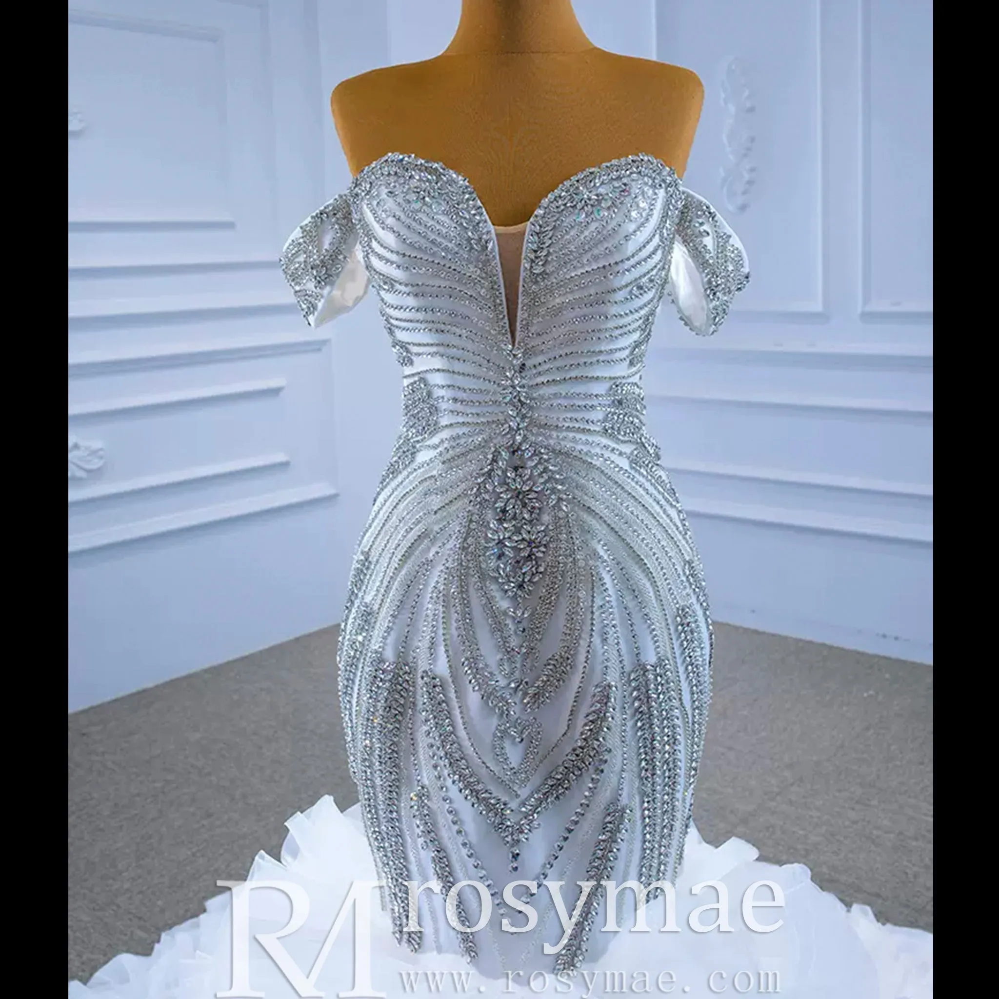 Luxury Ruffled Beaded Mermaid Wedding Dress with Off the Shoulder