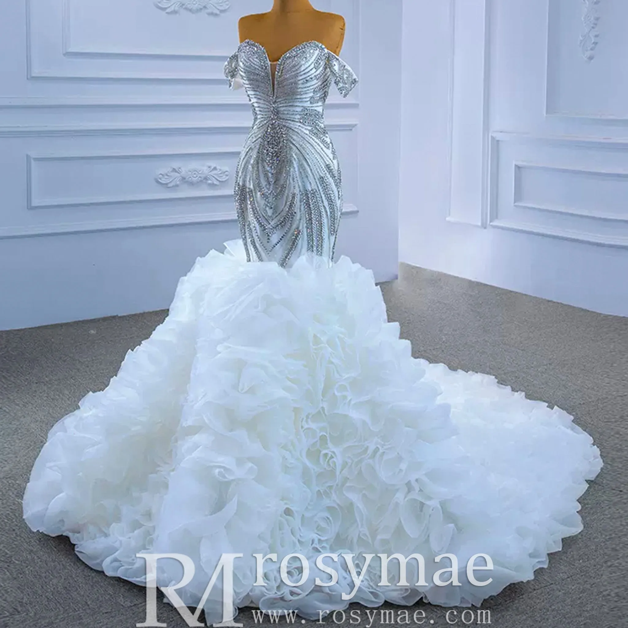 Luxury Ruffled Beaded Mermaid Wedding Dress with Off the Shoulder