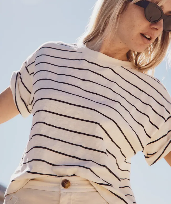 Marine Layer Sadie Vintage Slub Crop Tee in White/Black Stripe