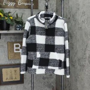 Marissa Olivia Womens Check Fuzzy 1/4 Zip Pullover Sweater Black / White Plaid L