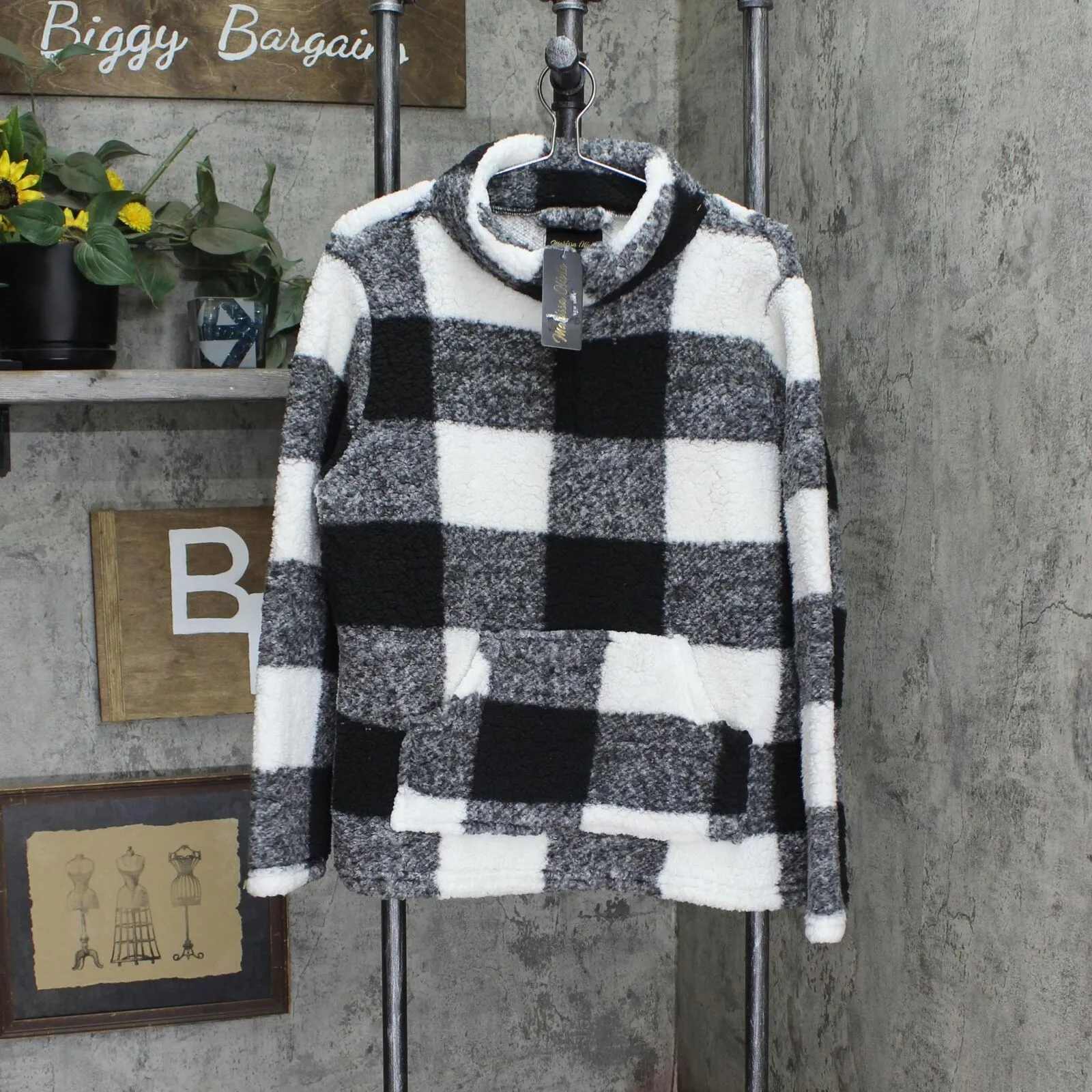 Marissa Olivia Womens Check Fuzzy 1/4 Zip Pullover Sweater Black / White Plaid L