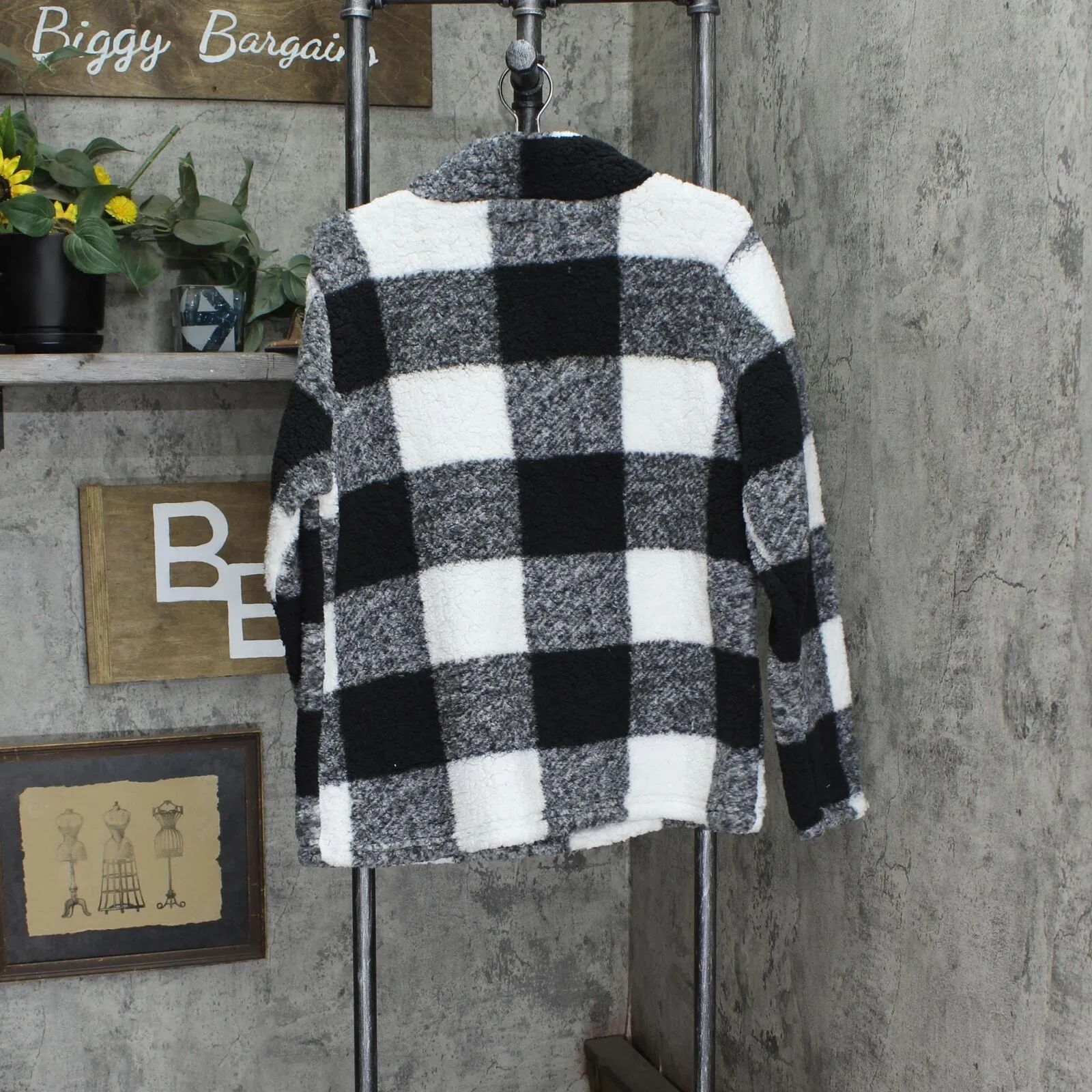 Marissa Olivia Womens Check Fuzzy 1/4 Zip Pullover Sweater Black / White Plaid L