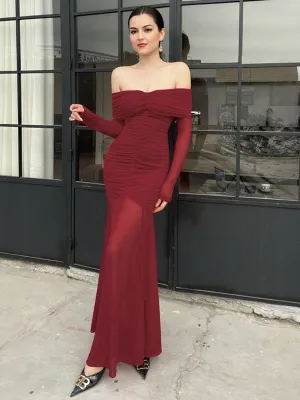Maroon Off Shoulder Maxi Dress