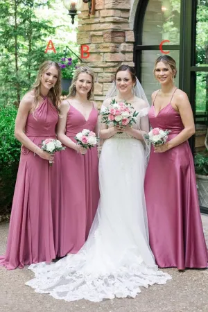 Mauve Chiffon Halter A-line Long Bridesmaid Dresses