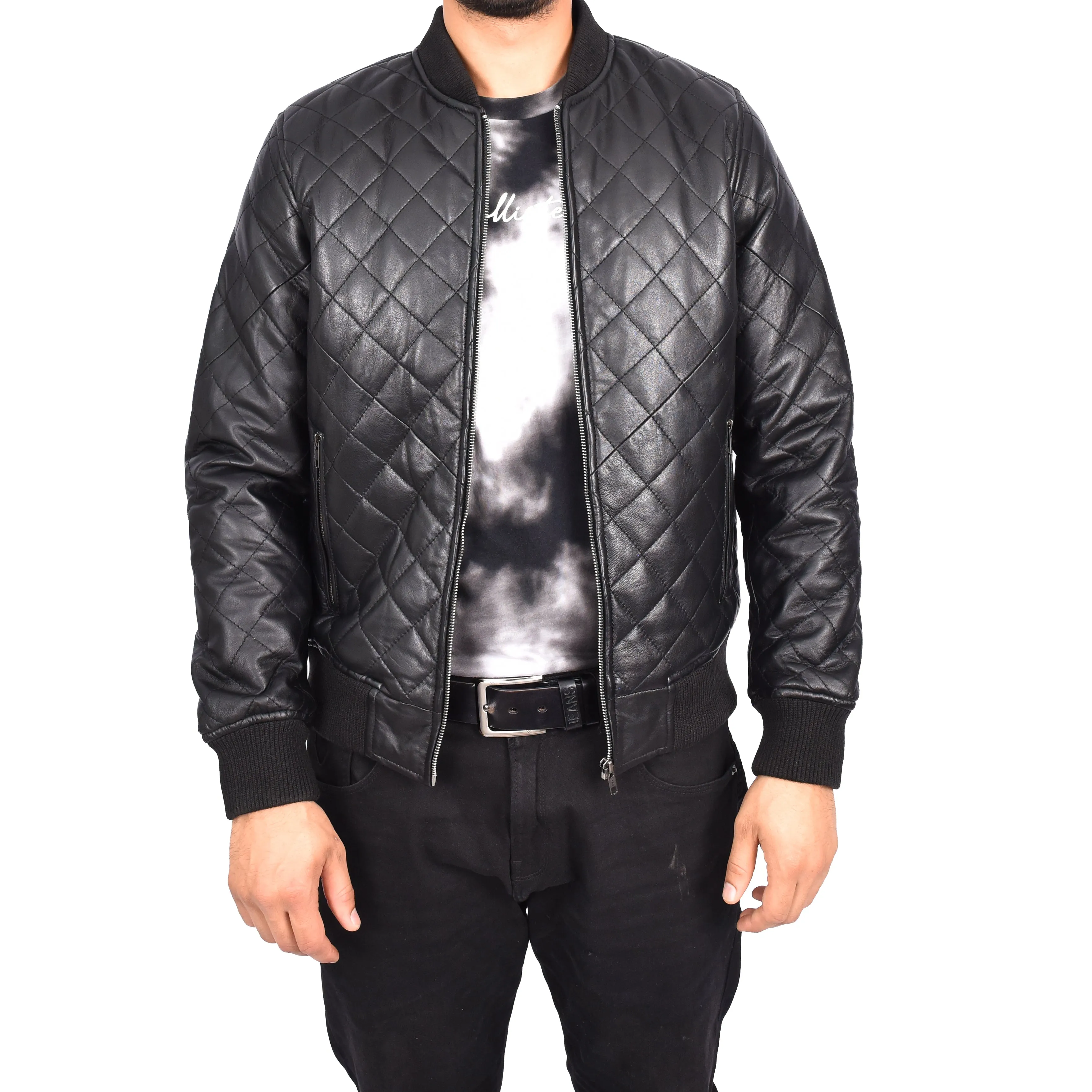 Men's Real Leather Quilted Bomber Jacket Black Raulin